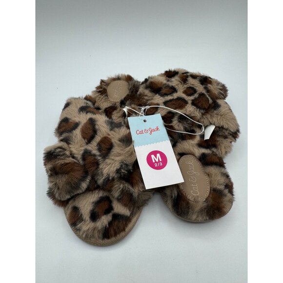 Cat & Jack Girls Leopard Print brooklyn faux fur slide on slippers M 2/3 - Picture 1 of 5